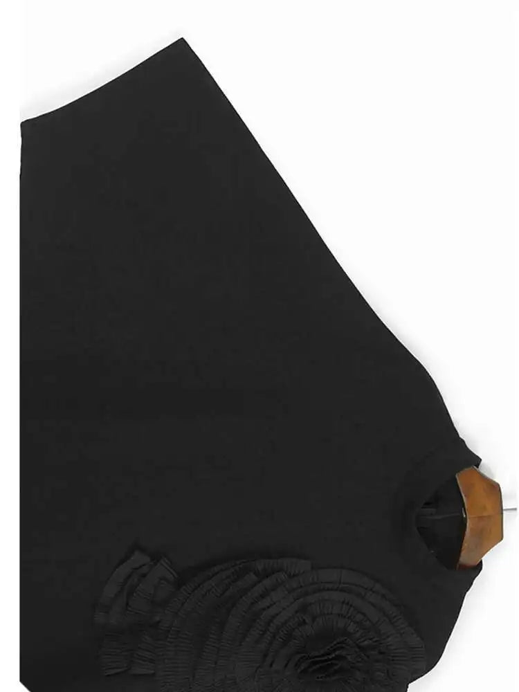 Women Black Three-dimensional Flower Lace Big Size Dress New Turtleneck Short Sleeve Fashion Spring Autumn 2025 1DH8218