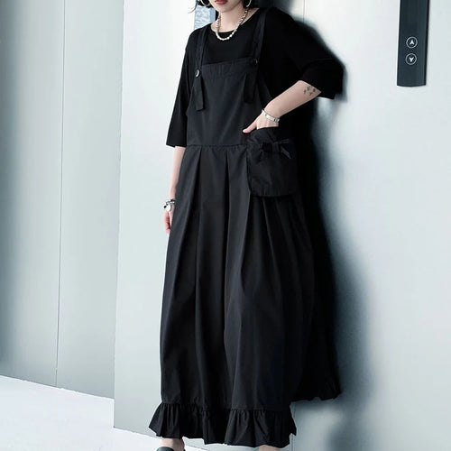 Load image into Gallery viewer, Women Black Ruffles Pocket Big Size Midi Strap Dress New Square Collar Sleeveless Fashion Tide Spring Autumn 2025 1DJ1158
