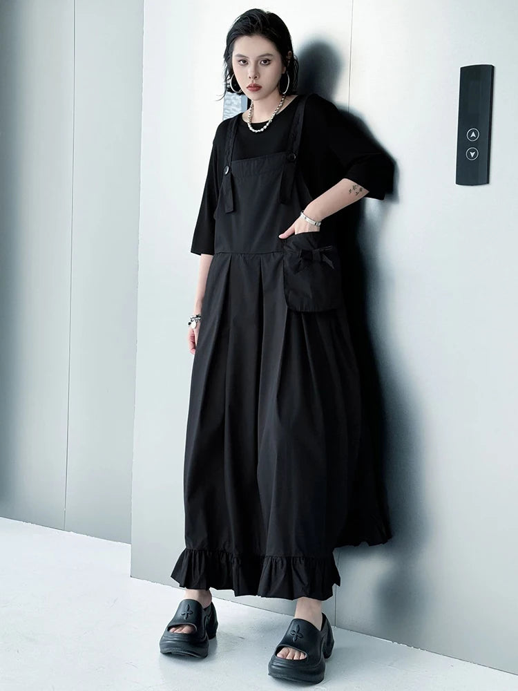 Women Black Ruffles Pocket Big Size Midi Strap Dress New Square Collar Sleeveless Fashion Tide Spring Autumn 2025 1DJ1158