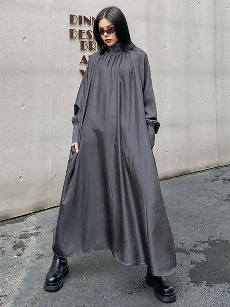 Women Gray Brief Long Big Size Elegant Dress New Turtleneck Long Sleeve Loose Fit Fashion Tide Spring Autumn 2025 1DH0252
