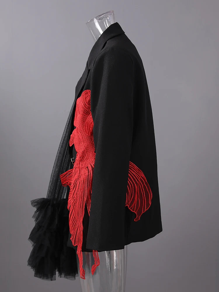 Women Black Mesh Irregular Fish Spliced Big Size Blazer New Lapel Long Sleeve Jacket Fashion Spring Autumn 2025 CPG2902