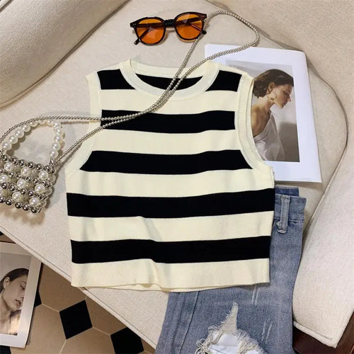 Load image into Gallery viewer, Vintage Chic Round-neck Striped Patchwork Knitted Sleeveless Women&#39;s Vest Korean Fashion Summer 2024 Female Clothing Tank Tops
