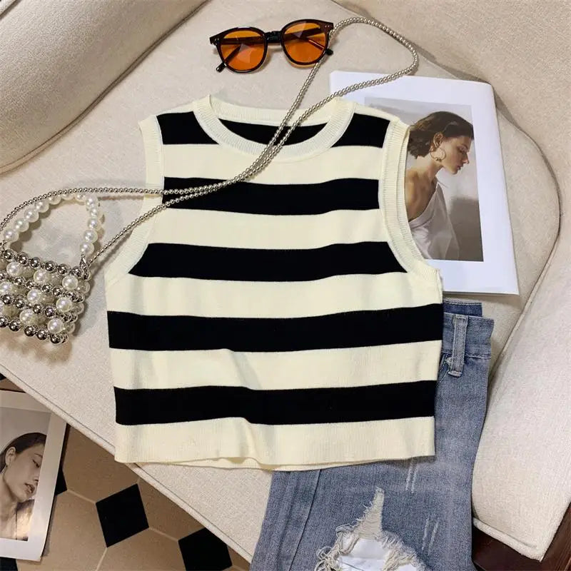 Vintage Chic Round-neck Striped Patchwork Knitted Sleeveless Women's Vest Korean Fashion Summer 2024 Female Clothing Tank Tops