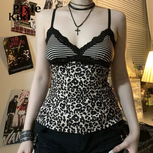 Load image into Gallery viewer, Cheetah Print Y2k 2000s Cami Tops Lace Trim Deep V Neck Backless Cute Tank Top Women Clothing P84-BF10
