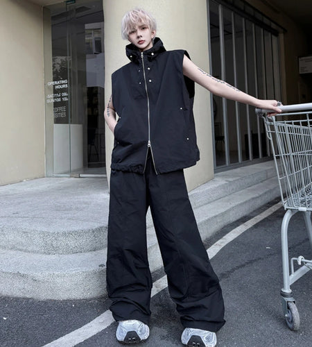 Men's Pants Set New Summer Solid Color Rivet Hooded Trendy Singel Breasted Vest Male Casual Straight Leg Pants 9W1790