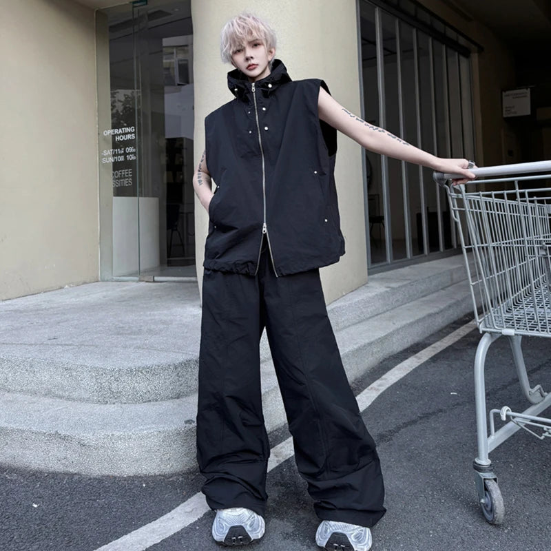 Men's Pants Set New Summer Solid Color Rivet Hooded Trendy Singel Breasted Vest Male Casual Straight Leg Pants 9W1790