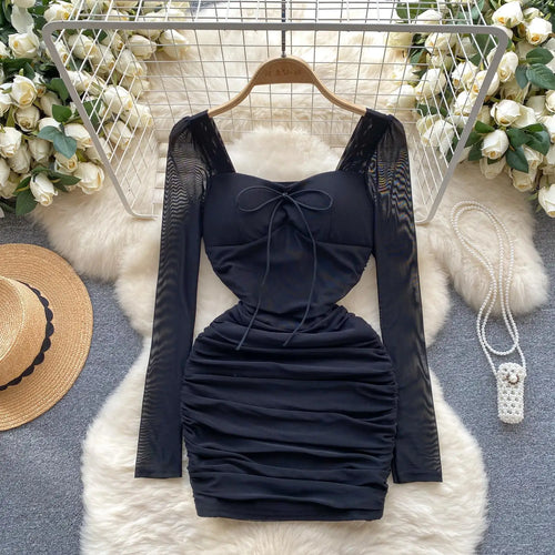 Load image into Gallery viewer, Autumn Women Fashion Black Pink Elegant Sexy Temperament Mesh Short Dress French Purple Square Collar Lace-up Pleated Mini Dress
