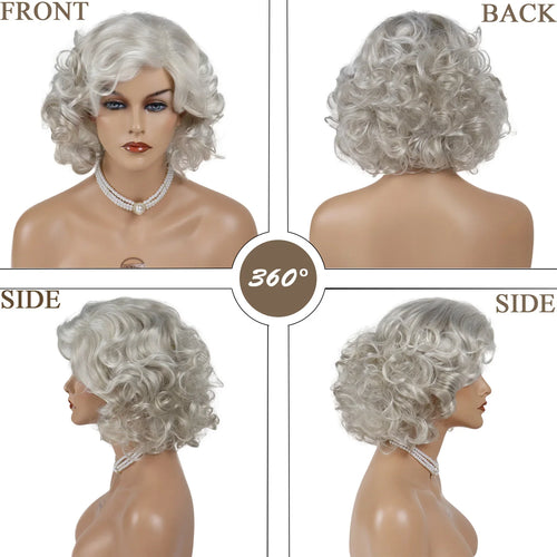 Load image into Gallery viewer, Synthetic Grey Curly Wigs for Women Short Wavy Hairstyles Mommy Wigs with Bangs Thick Fluffy Curls Paula Wigs Costume
