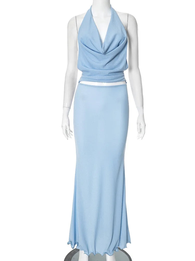 Halter Deep V Neck Backless Sexy Maxi Dress For Women Fashion Sleeveless High Waist Slim-fit Beach Club Party Dress