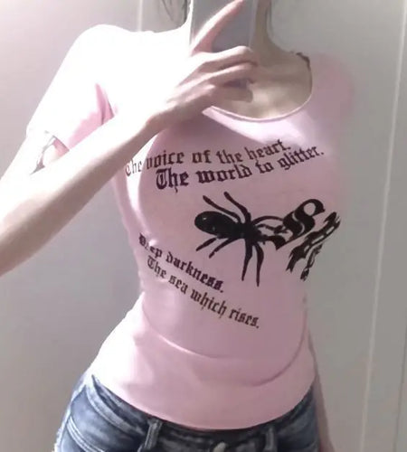 Spider Print Short Sleeved T-shirt Women's Clothes Short Sleeve Tunic O-neck Tees Chic Sweet Pink Tops Casual Summer Y2k Tshirts