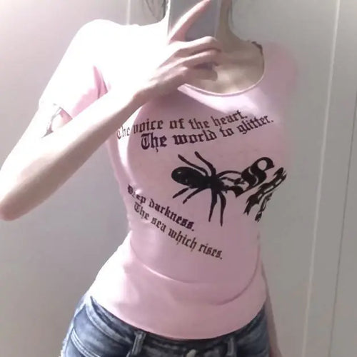 Load image into Gallery viewer, Spider Print Short Sleeved T-shirt Women&#39;s Clothes Short Sleeve Tunic O-neck Tees Chic Sweet Pink Tops Casual Summer Y2k Tshirts
