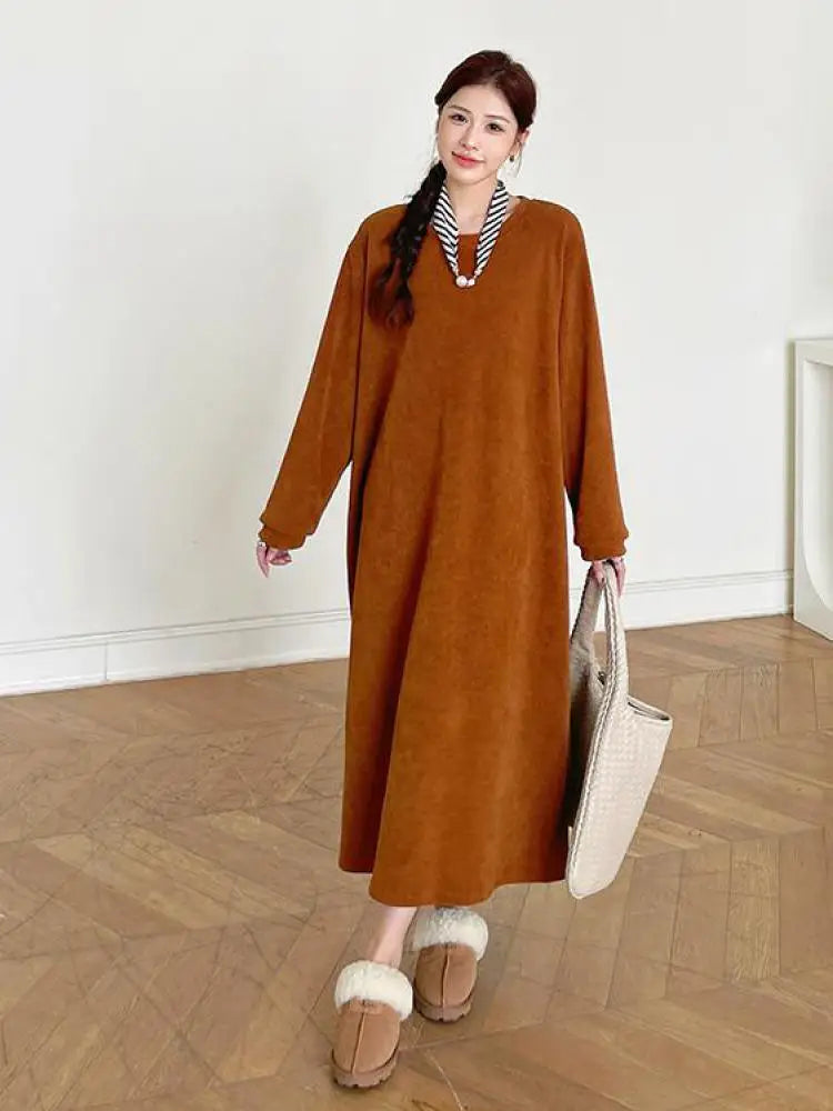 Autumn Winter Round Neck Vacation Knit Dress Korean Fashion Women's Loose Long Sleeved Sweatshirt Dress Ladies Casual Simplicity