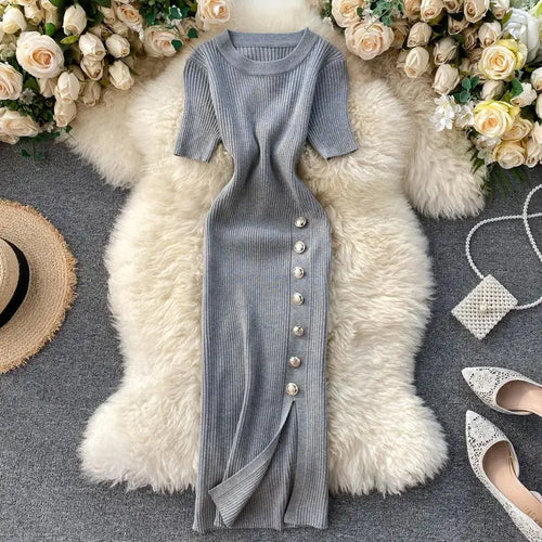 Load image into Gallery viewer, Summer Korean Solid Round Neck Slim Single Breasted Short Sleeve Long Dress Women Festival Wrap Hip Split Knitted Dress Popular
