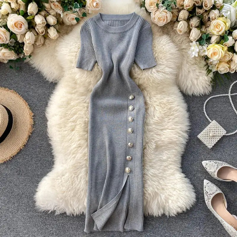 Summer Korean Solid Round Neck Slim Single Breasted Short Sleeve Long Dress Women Festival Wrap Hip Split Knitted Dress Popular
