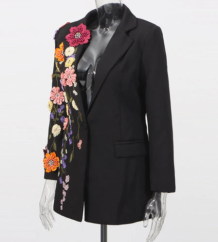 Hit Color Spliced Appliques Fashion Blazers for Women Lapel Long Sleeves Patchwork Bead Temperament Blazer Female