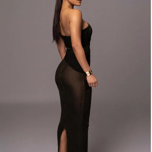 Load image into Gallery viewer, Elegant Sleeveless Mesh Patchwork Split Dress Women's Sexy Open Back Tight Female Vestidos Slim Party Club Evening Dress
