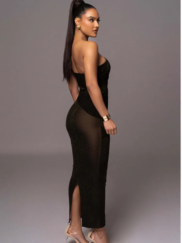 Elegant Sleeveless Mesh Patchwork Split Dress Women's Sexy Open Back Tight Female Vestidos Slim Party Club Evening Dress