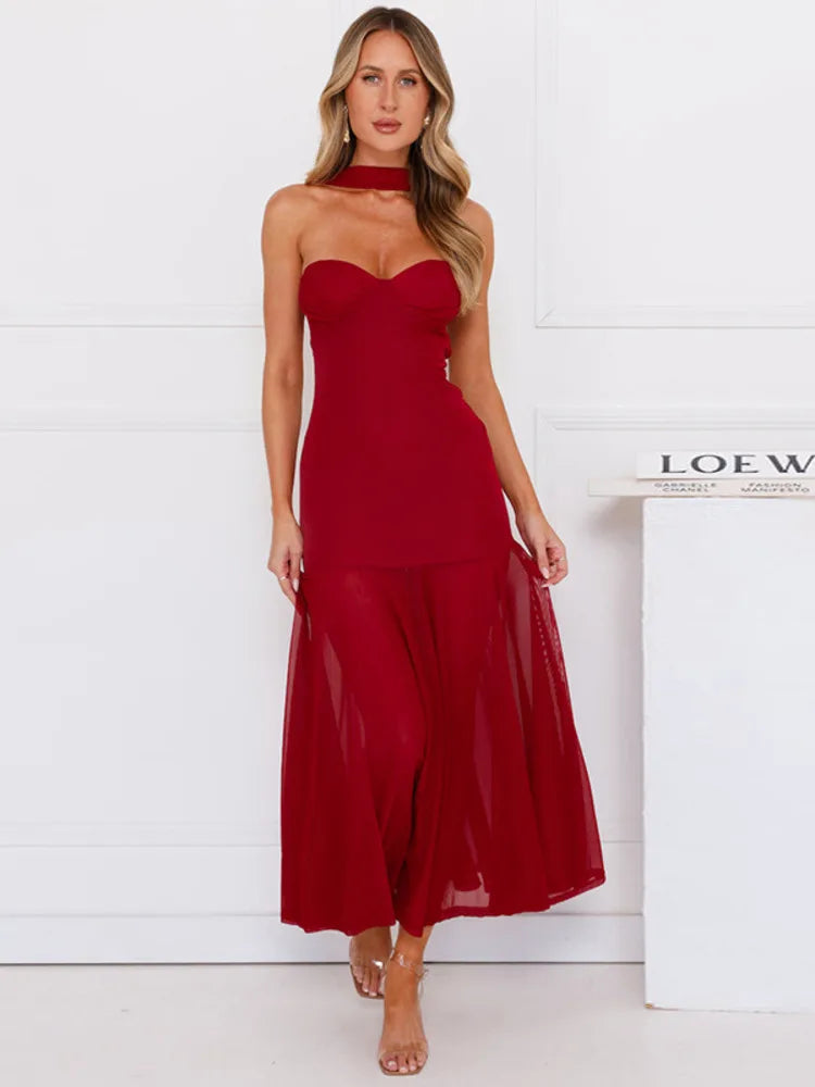 Scarf collar strapless sexy maxi dress women gown off-shoulder backless sleeveless A-line bodycon club long dress