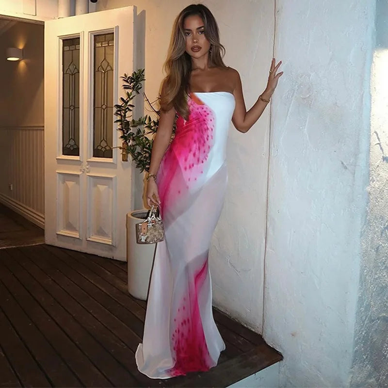 Mesh Floral Print Sexy Maxi Dress For Women Gown Off-shoulder Strapless Sleeveless Backless Bodycon Club Long Dress