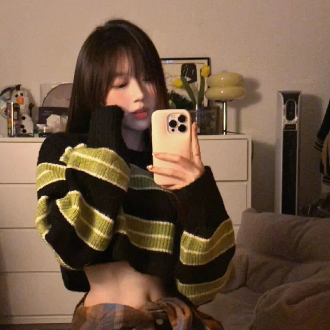 Y2k Sexy Girl Cropped Sweater Women Thin Loose Striped Pullover Korean Fashion Harajuku Streetwear Vintage Jumper Fairy Sueter