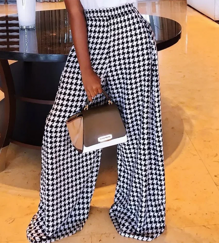 Trendy Clothing  Autumn Women's Houndstooths Long Pants High Waisted 2024 Winter Loose Wide Leg Woman Plaid Trousers