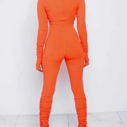 Load image into Gallery viewer, Turtleneck Zipper Skinny Jumpsuit Women Long Sleeve One Piece Neon Orange Bodysuit Female Running Fitness Outfits
