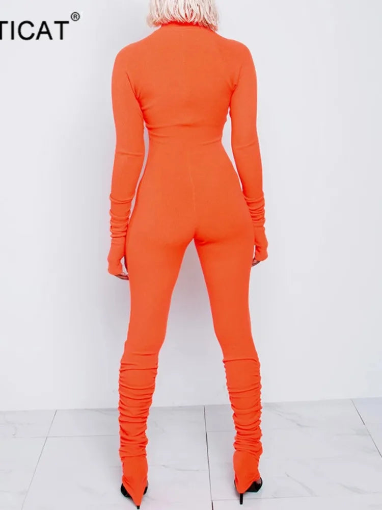 Turtleneck Zipper Skinny Jumpsuit Women Long Sleeve One Piece Neon Orange Bodysuit Female Running Fitness Outfits