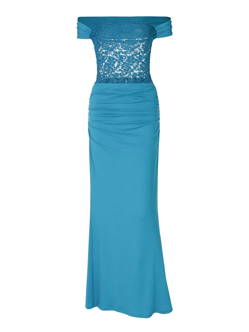 Off-shoulder Strapless Sexy Maxi Dress For Women Elegant Blue Sleeveless Backless Lace Patchwork Bodycon Long Dress
