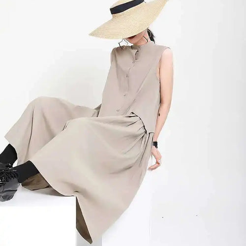 Load image into Gallery viewer, Women Khaki Split Pleated Long  Dress New Stand Collar Sleeveless Loose Fit Fashion Tide Spring Summer 2025 1Y353
