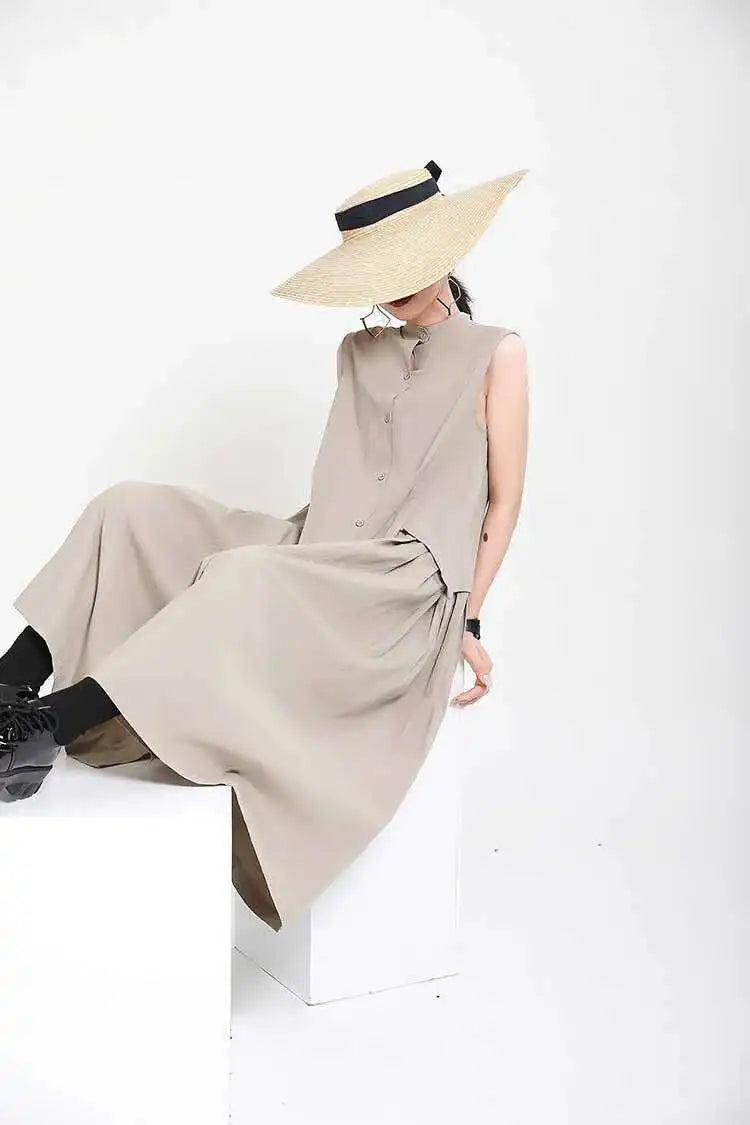 Women Khaki Split Pleated Long  Dress New Stand Collar Sleeveless Loose Fit Fashion Tide Spring Summer 2025 1Y353