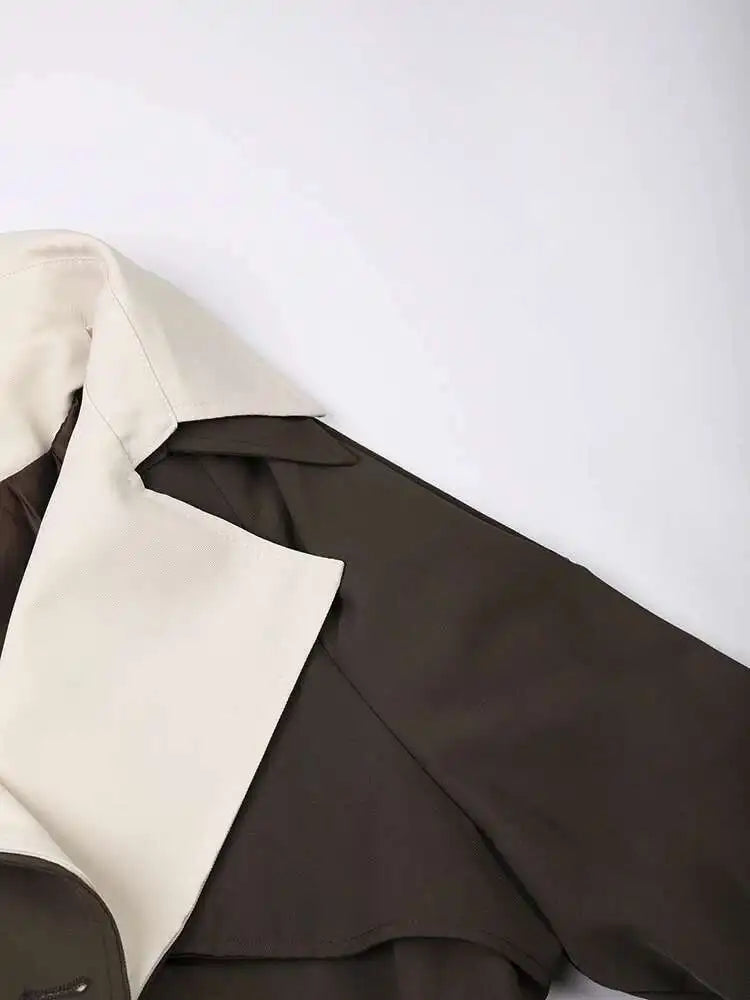 Women Brown Color-block Big Size Long Trench New Lapel Long Sleeve Windbreaker Fashion Tide Spring Autumn 2025 2AA310104
