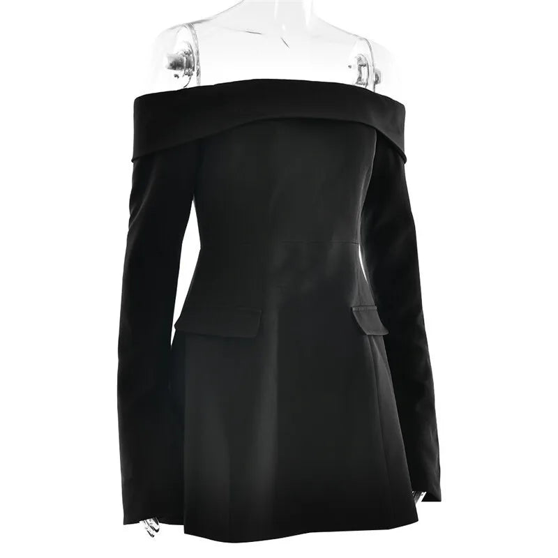 Off-shoulder Long Sleeve Sexy Mini Dress For Women Two Pocket Strapless Backless A-line Club Party Sexy Dress Elegant