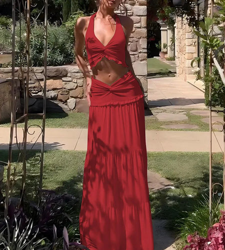 Sexy Sleeveless Skirt Two Pieces Sets For Women V-neck Hollow Out Crop Tops And Long Skirt Patchwork Two Pieces Sets