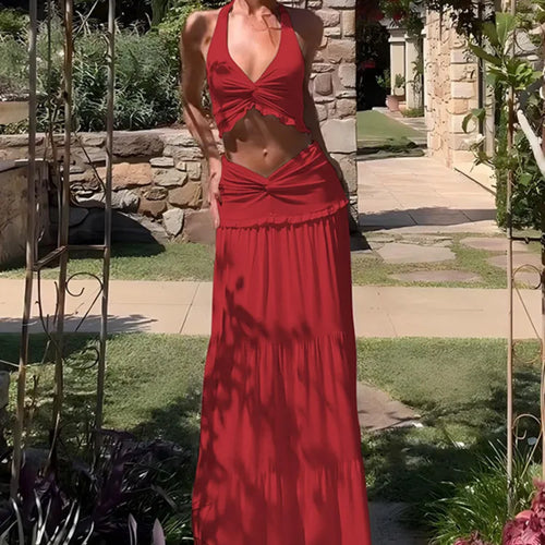 Load image into Gallery viewer, Sexy Sleeveless Skirt Two Pieces Sets For Women V-neck Hollow Out Crop Tops And Long Skirt Patchwork Two Pieces Sets
