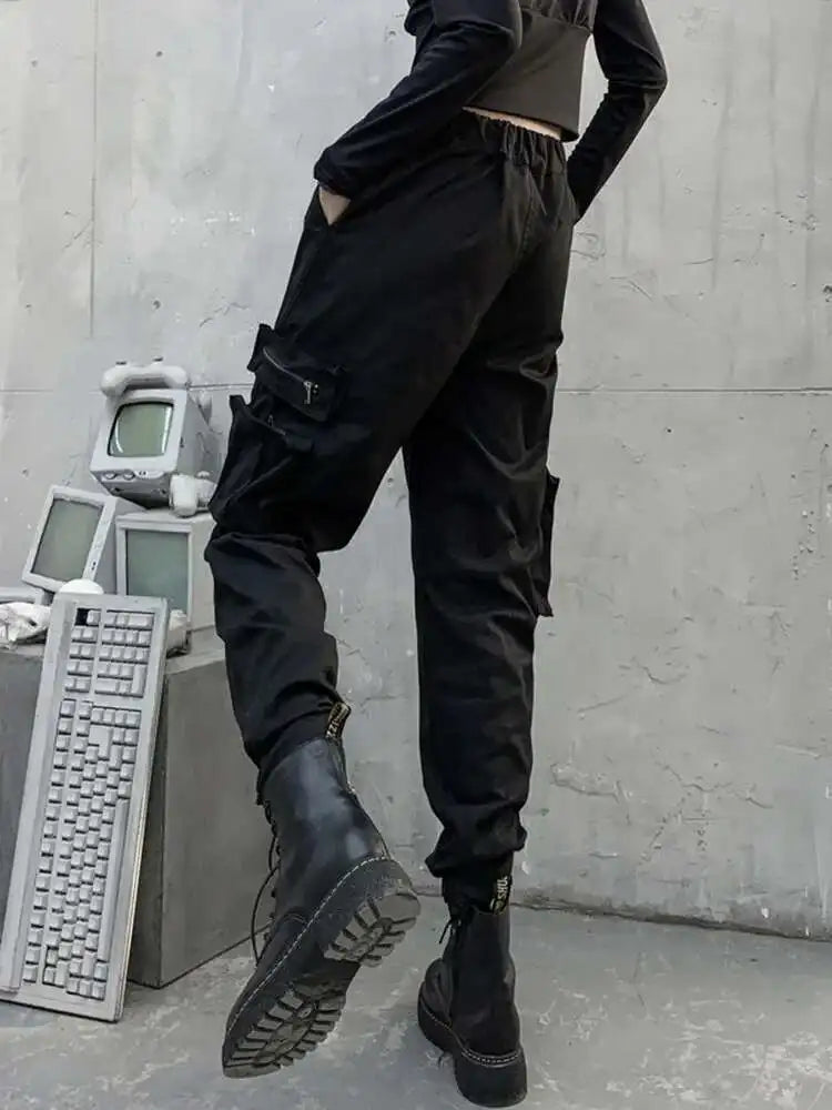 High Elastic Waist Black Belted Zipper Pockets Pants New Loose Fit Trousers Women Fashion Tide Spring Autumn 2025 1DF4632