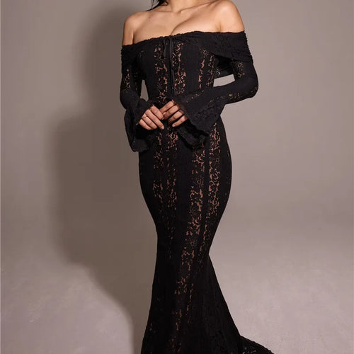 Load image into Gallery viewer, Lace Off-shoulder Sexy Maxi Dress Women Strapless Backless Long Sleeve Bodycon Evening Club Party Long Dress Elegant
