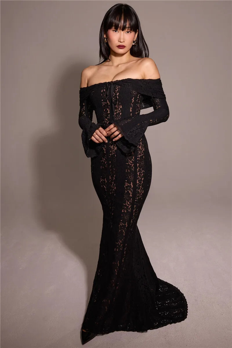 Lace Off-shoulder Sexy Maxi Dress Women Strapless Backless Long Sleeve Bodycon Evening Club Party Long Dress Elegant