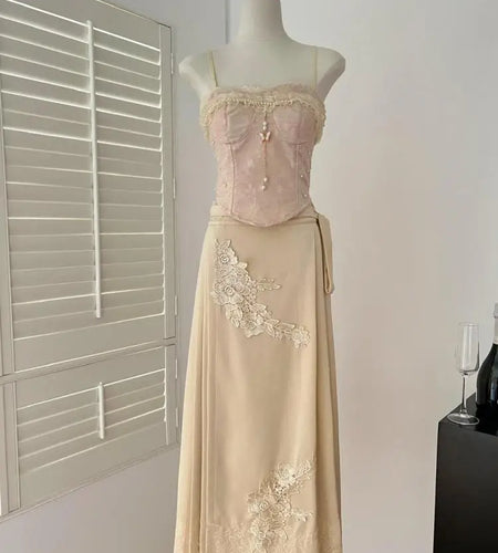 Summer 2025 Women Elegant Chinese Style Two Pcs Sets Beige Lace Backless Slim Slip Short Tops And High Waist Bandage Long Skirts