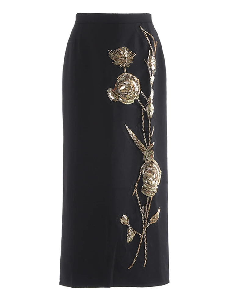 High Elastic Waist Black Three-dimensional Nailed Flower Half-body Skirt Women Fashion Tide New Spring Autumn 2025 1DJ0647