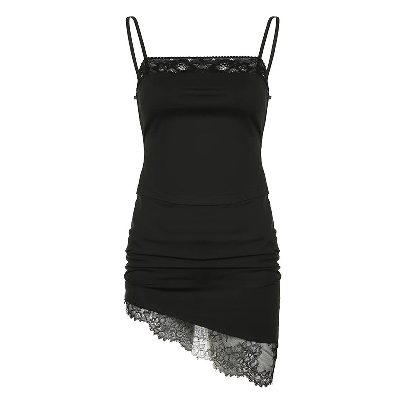 Fashion Skinny Sexy Two Pieces Set Female Clubwear Party Asymmetrical Crop Top +Mini Skirt Lace Patched Backless Hot