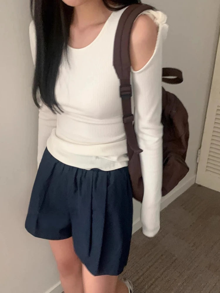 Spring Off-the-shoulder Bandage Tee Shirts Women Y2k Aesthetic Bodycon Solid Simple T-shirt Grunge Sexy Fairy Screw Thread Tops