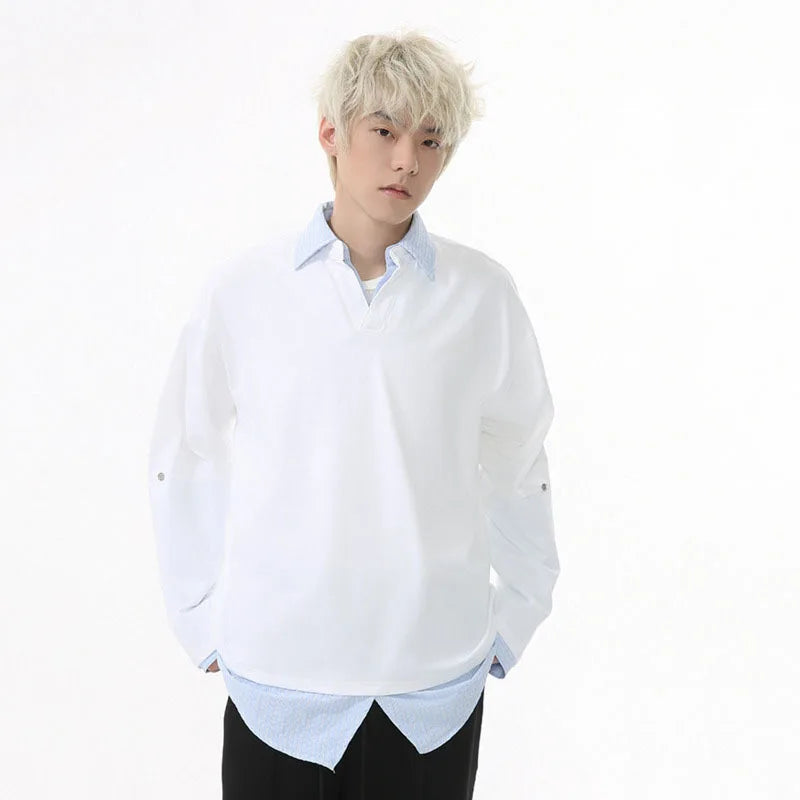 Men's T-shirts New Style Fake Two-piece Patchwork Contrast Color Splicing Lapel Long Sleeved Loose Top Summer 9W1603