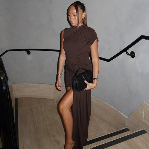 Load image into Gallery viewer, Irregular Draped Ruched Sexy Mini Dress For Women Elegant Turtleneck Sleeveless High Waist Pleated Club Party Dress
