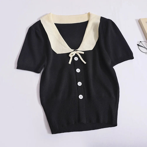 Load image into Gallery viewer, Vintage Women&#39;s Sweet 2024 New Fashion Patchwork Short Sleeve Single Breasted Elegant Knit Tops Summer Lapel Holiday Clothing
