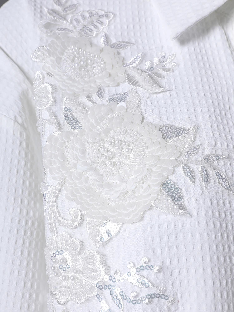 Women White Sequins Flower Big Size Elegant Blouse New Lapel Long Sleeve Shirt Fashion Tide Spring Autumn 2025 CPG2805