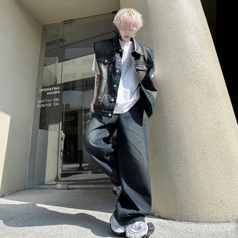 Men's Pants Set New Summer Split Leather Rivet Decoration Single Breasted Multi Pockets Male Causal Straight Jeans 9W1791