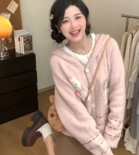Y2k Aesthetic Cartoon Jacquard Knitted Hooded Cardigan Kawaii Cute Casual Women Pocket Sweater Sweet Single Breasted Loose Tops