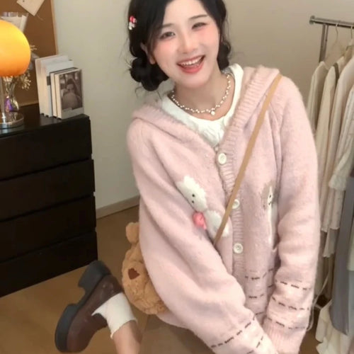 Load image into Gallery viewer, Y2k Aesthetic Cartoon Jacquard Knitted Hooded Cardigan Kawaii Cute Casual Women Pocket Sweater Sweet Single Breasted Loose Tops
