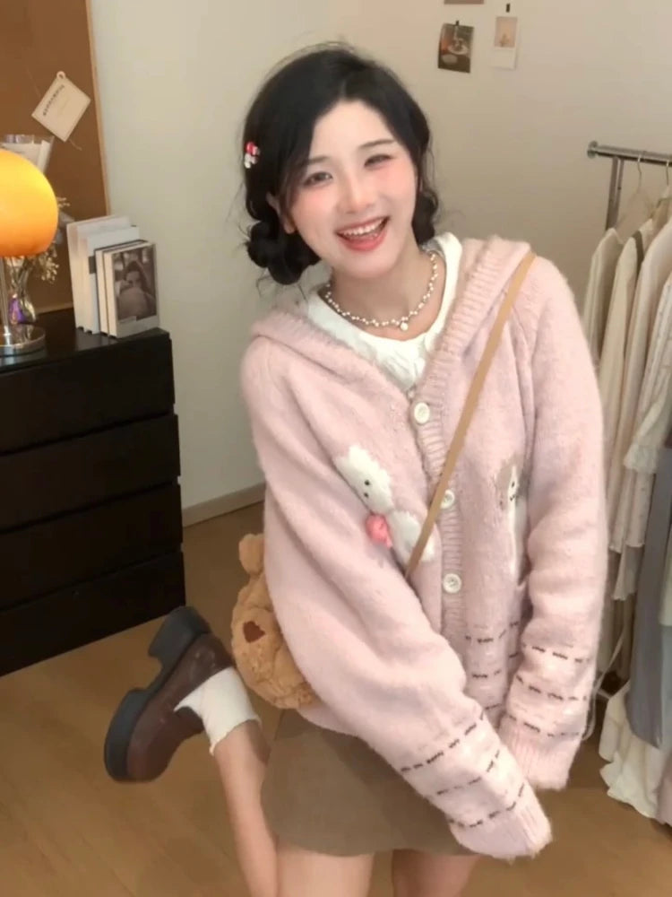 Y2k Aesthetic Cartoon Jacquard Knitted Hooded Cardigan Kawaii Cute Casual Women Pocket Sweater Sweet Single Breasted Loose Tops