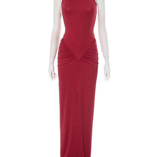 Load image into Gallery viewer, Halter Ruched Sleeveless Sexy Maxi Dress Women Gown Fashion Slim High Waist Evening Club Party Split Long Dress
